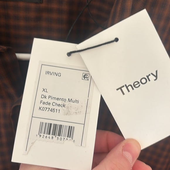 NWT Theory Irving Button Down Shirt in Dark Pimento Multi Fade Check - Picture 6 of 7